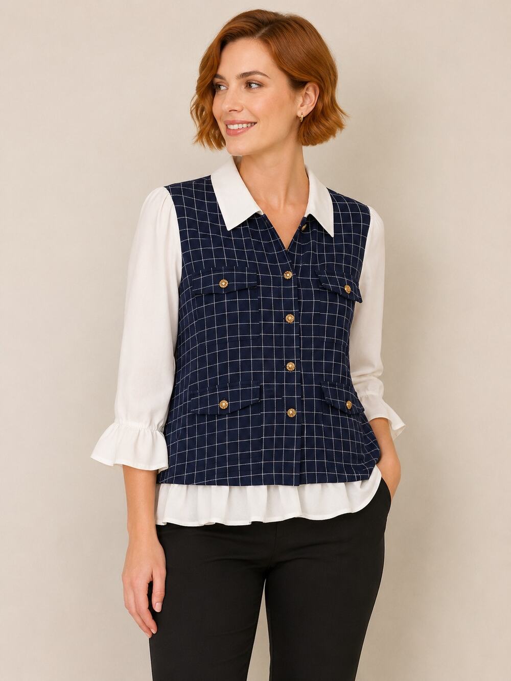 LR4107 Zoey & Leelo Womens Windowpane Blouse White Navy Gold Buttons Large